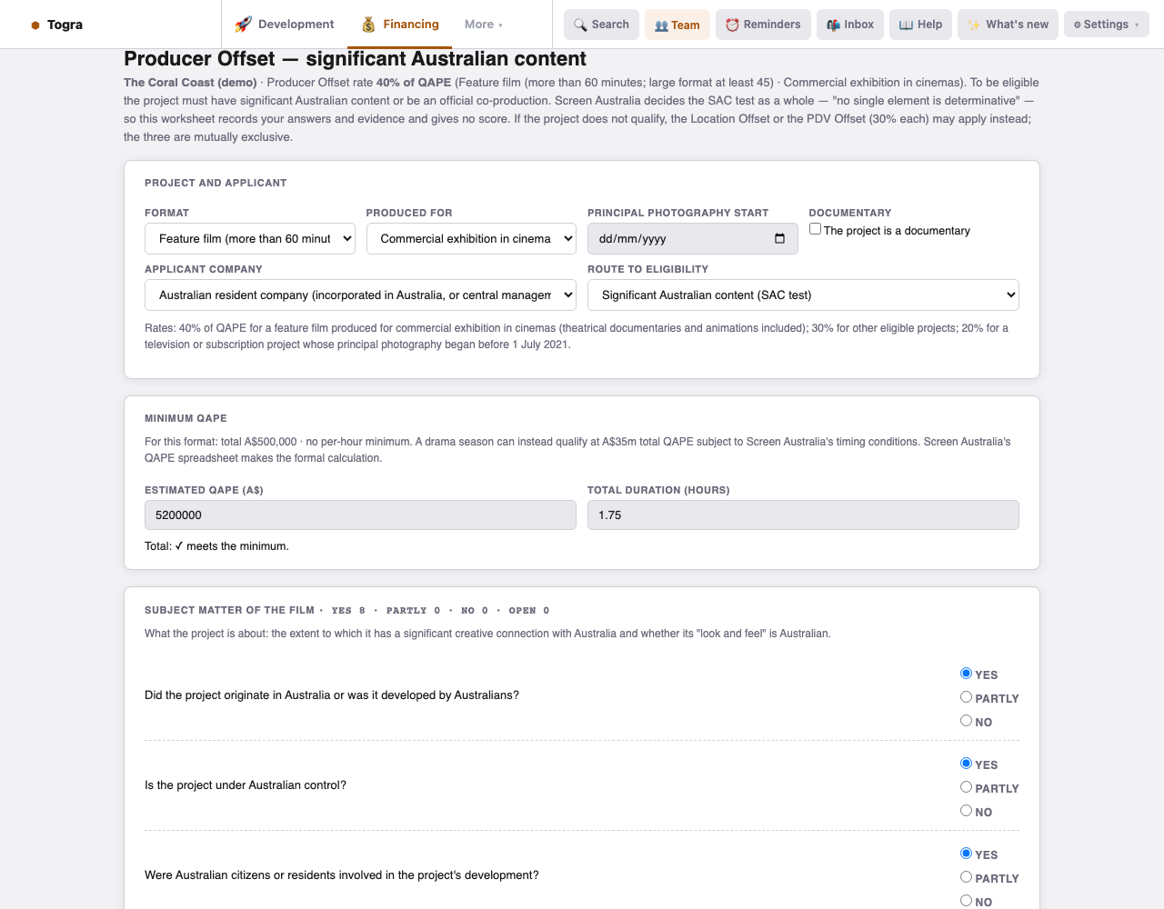 Producer Offset worksheet for the demo: 40% of QAPE for a feature in cinemas, project and applicant details, minimum QAPE met at A$5.2m, and the subject-matter questions of the SAC test.