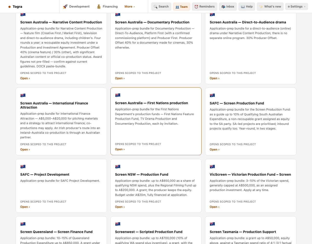 Funder applications, Australia tab: Screen Australia Narrative Content Production, Documentary Production, Direct-to-Audience drama, International Finance Attraction and First Nations production, SAFC Screen Production Fund and Project Development, Screen NSW Production Fund, VicScreen Victorian Production Fund – Screen, and the Queensland, WA and Tasmanian bundles.
