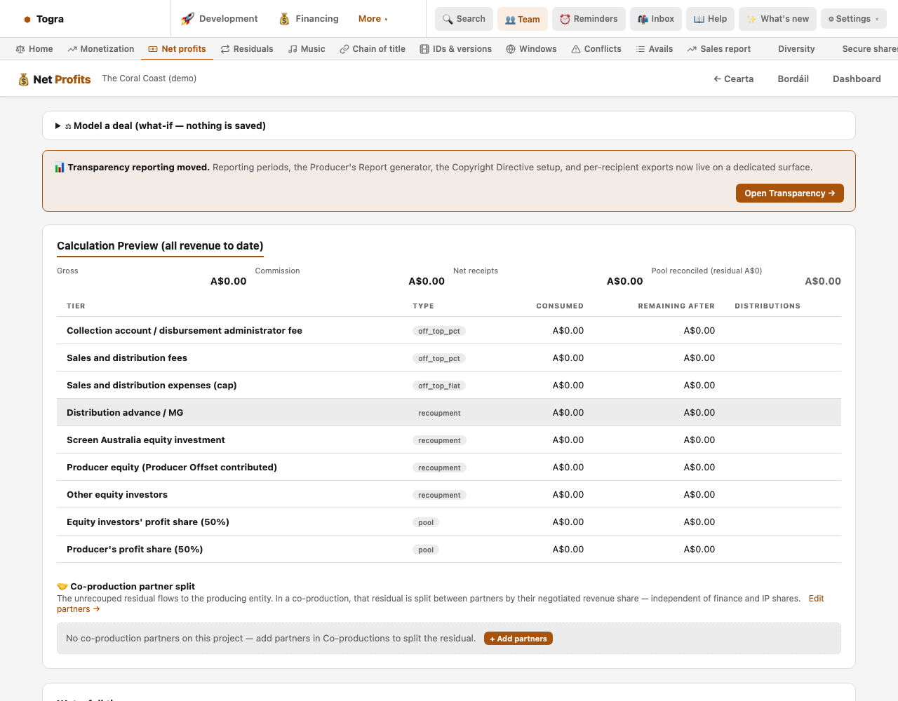Net profits waterfall started from Screen Australia's terms: collection account fee, sales fees and expenses, distribution advance, Screen Australia equity, producer equity from the Producer Offset, other equity, then the equity investors' and producer's 50% profit shares.
