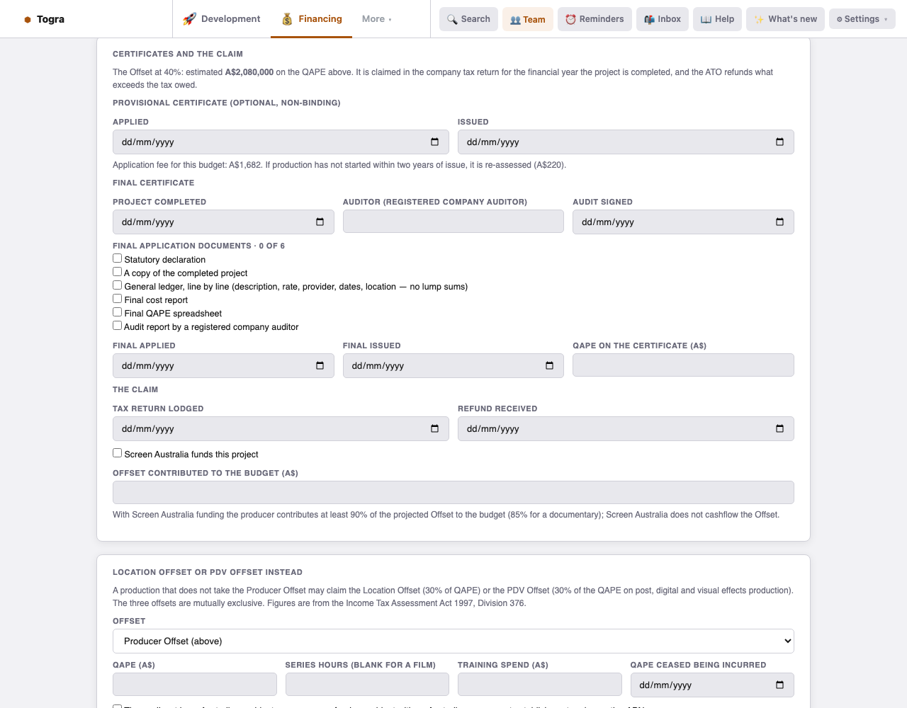 Certificates and the claim: the Offset at 40% estimated at A$2,080,000, provisional certificate dates with an application fee of A$1,682, final certificate dates, auditor, a six-item document checklist, the tax return and refund dates, and the Screen Australia funding check.