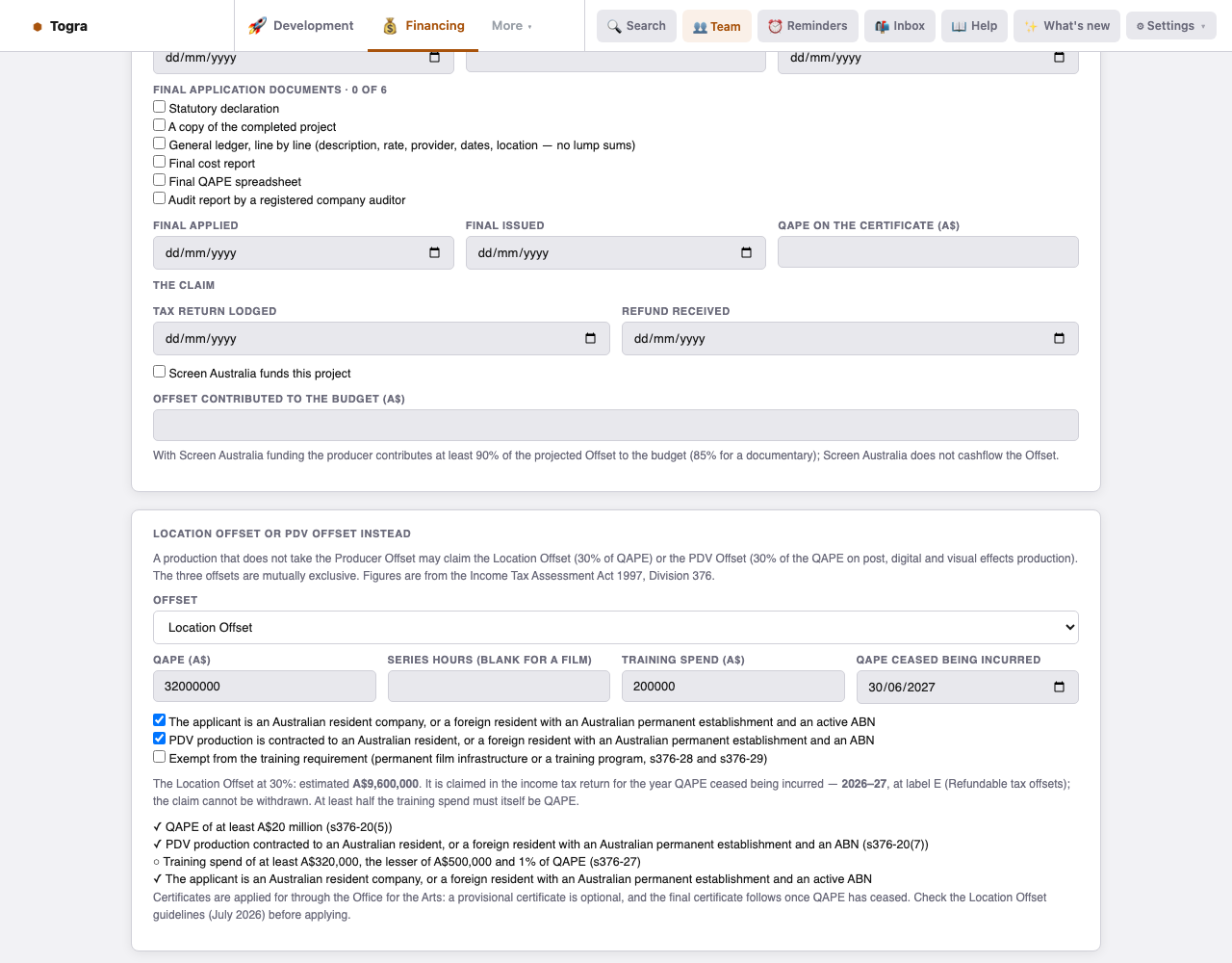 Location Offset card with an example: QAPE of A$32,000,000, training spend A$200,000, QAPE ceased 30 June 2027; estimated Offset A$9,600,000 claimed for 2026–27; the A$20 million minimum, the PDV contract and the applicant test met, the A$320,000 training requirement open.