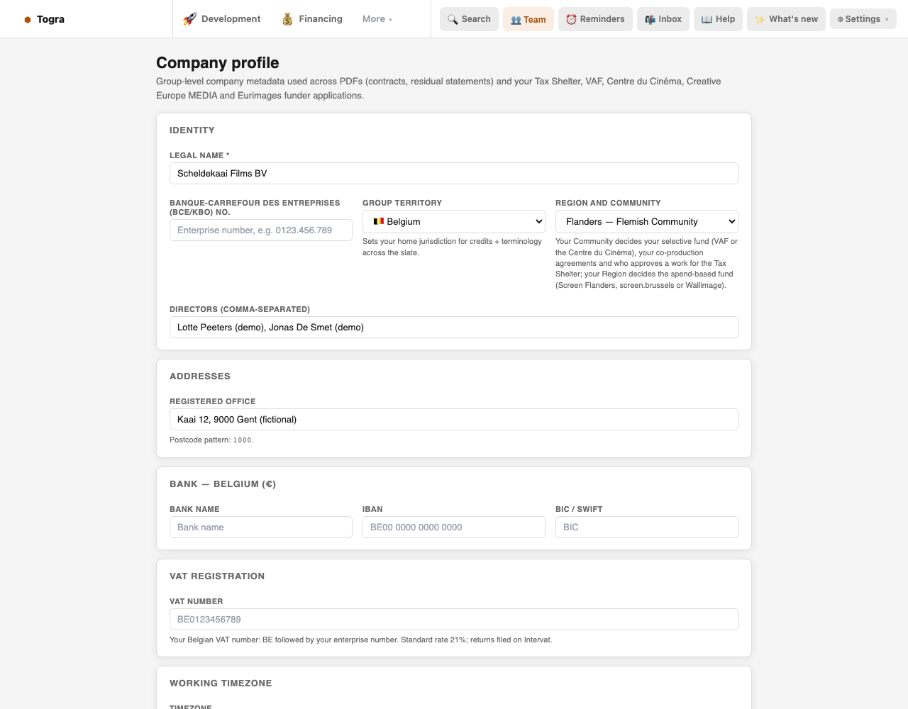 Company profile for a fictional Belgian production company, with its Region and Community.