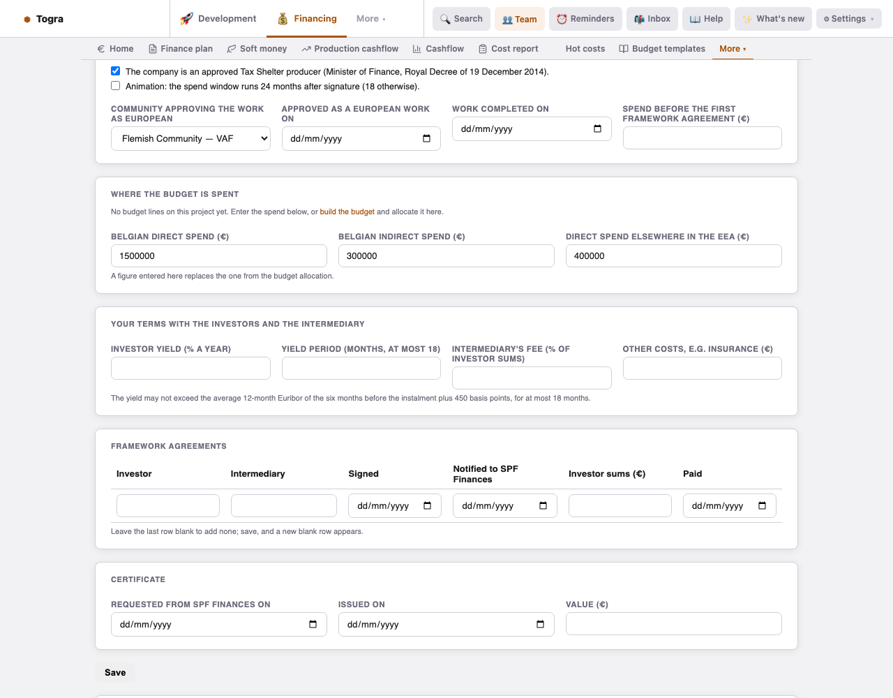 Producer and work, budget allocation and framework agreements on the Tax Shelter page.