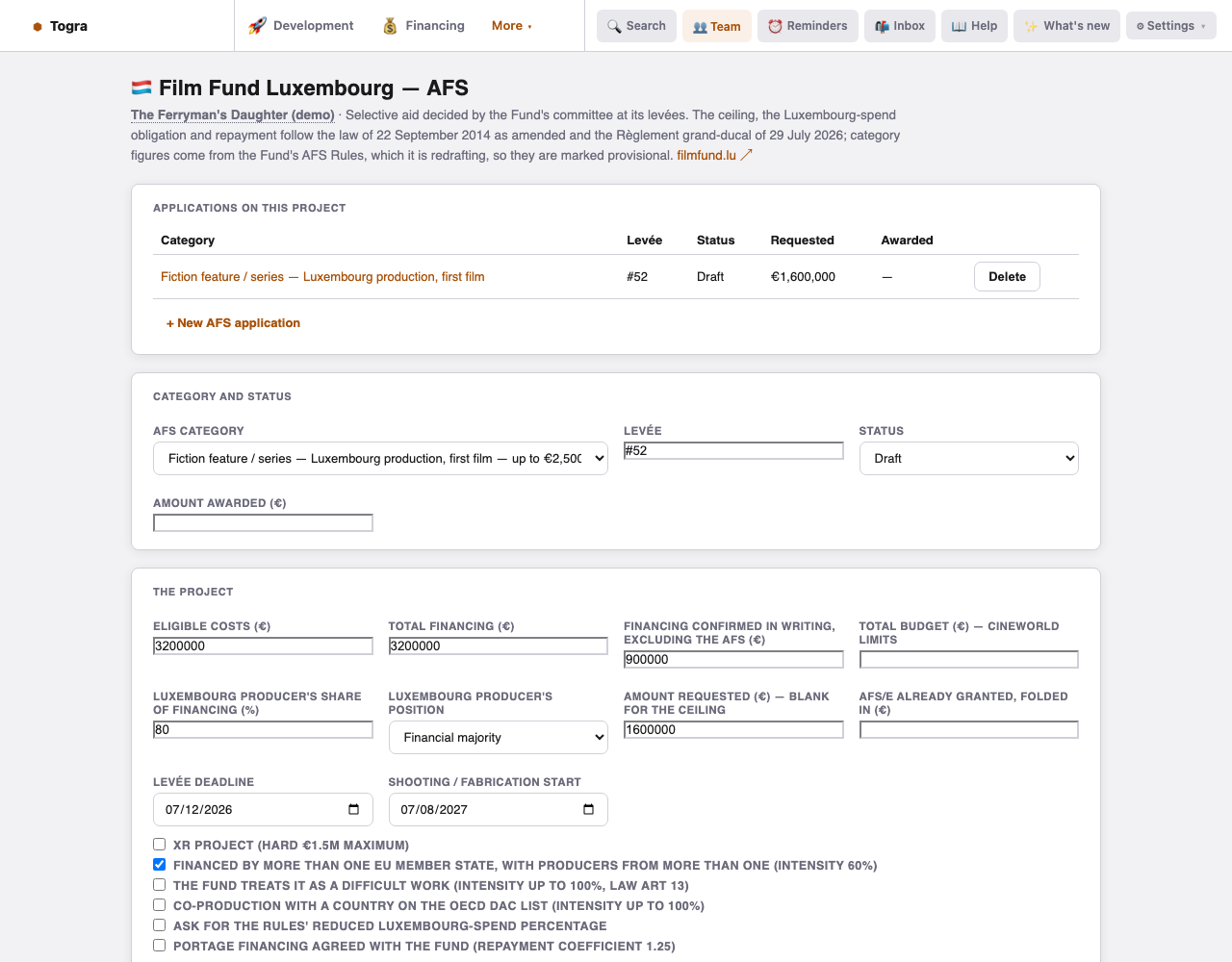 Film Fund Luxembourg AFS application for the demo project: category, project details, spend, and the ceiling.